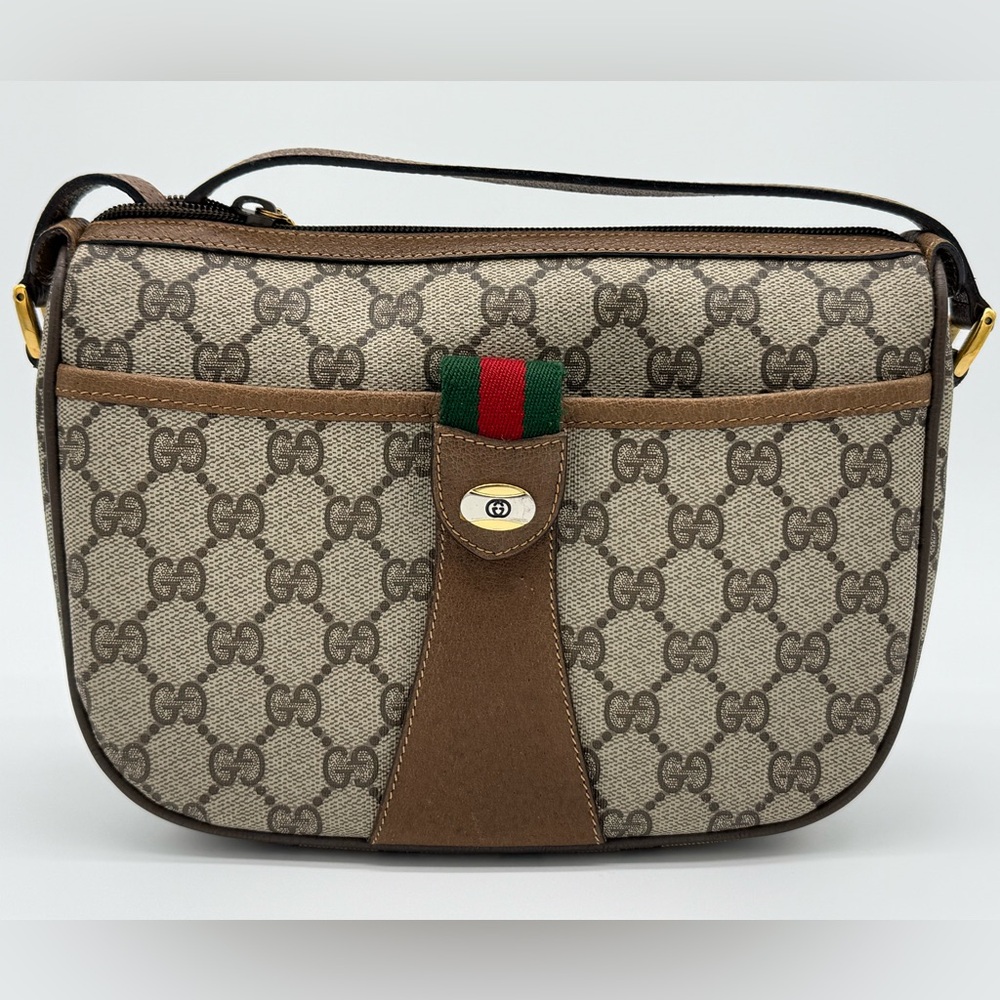 Vintage Gucci GG Supreme Web Sherry Line Shoulder Bag – Beige / Red / Gold